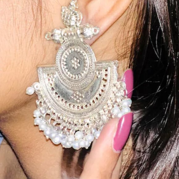 Indian Oxidized Big Earrings With Beads, Costume Handmade Earrings, Oxidized - Picture 3 of 5